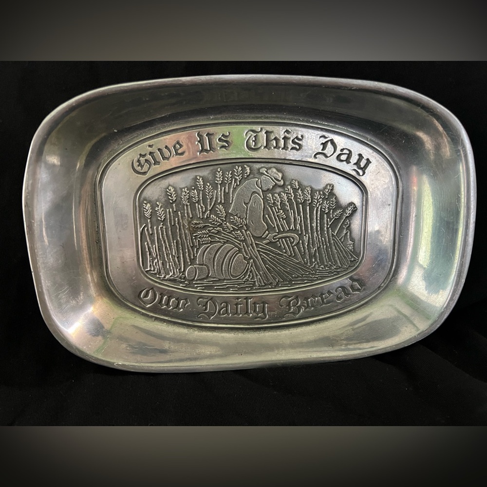 Vintage Pewter Bread Tray Silver "Give Us This Day Our Daily Bread" Thanksgiving